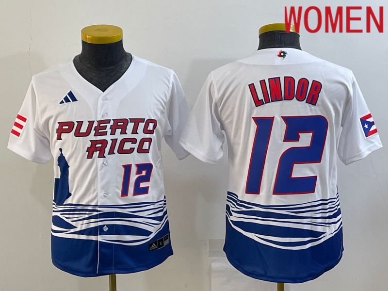 Women 2023 World Cub #12 Lindor White MLB Jersey->women mlb jersey->Women Jersey